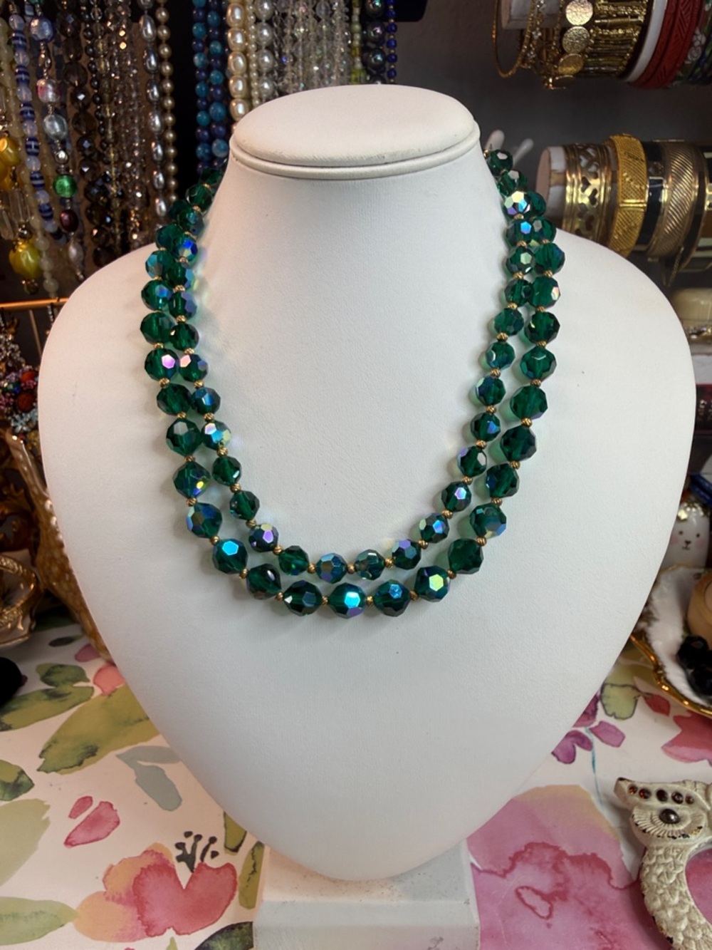 Vintage AB Green Crystal Double-Strand Necklace